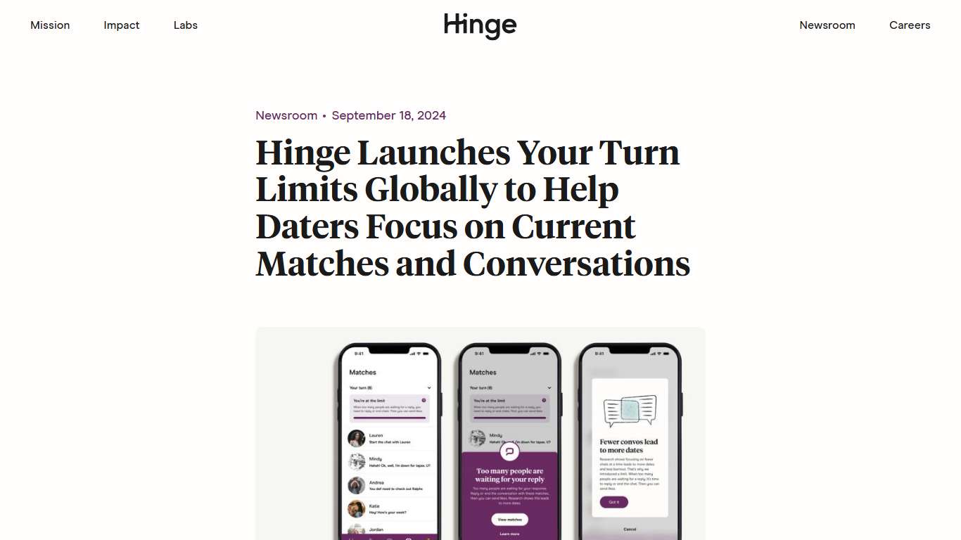 Hinge Launches Your Turn Limits Globally to Help Daters Focus on Current Matches and Conversations | Hinge